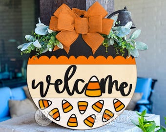 Candy Corn Welcome Round Door Hanger SVG | Laser Cut Halloween Porch Sign File | Fall Front Door Decor Digital Download