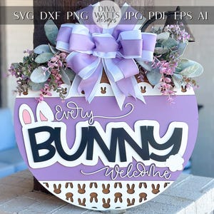Chaque lapin bienvenue Pâques accroche-porte SVG, fichier découpé au laser, enseigne de Pâques en couches 3D, décoration de porche de printemps, Glowforge, Xtool, laser SVG