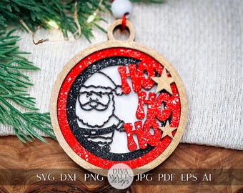 Ho Ho Ho Layered Santa Ornament SVG, 3D Santa Christmas Ornament, Laser Cut Holiday Ornament, Festive Santa Decor SVG