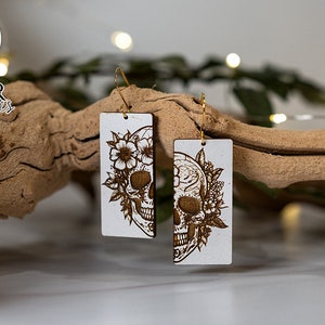 Sugar Skull And Flowers Earrings SVG | Rectangle Drop Laser Earrings | Dangle Earrings