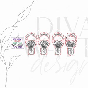 May include: Line art design featuring four mason jars filled with flowers, each with a decorative bow at the top. The image includes text that says "Instructions: RED - CUT, GREEN - SCORE, BLACK - ENGRAVE, PURPLE - HUNDRE".