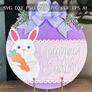 Happy Easter Bunny with Carrot Door Hanger SVG – Layered Round Laser Cut File for Spring Decor, DIY Easter Sign Template, Glowforge & Xtool