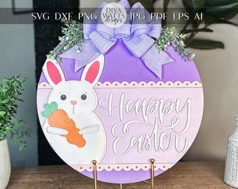 Coniglietto pasquale con carota appendino porta SVG – File tagliato al laser rotondo a strati per decorazioni primaverili, modello di cartello pasquale fai da te, Glowforge e Xtool