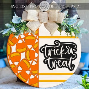 Trick or Treat Door Hanger SVG | Halloween Candy Corn Sign SVG | Round Wood Sign Template | Laser Cut File Glowforge xTool Ready