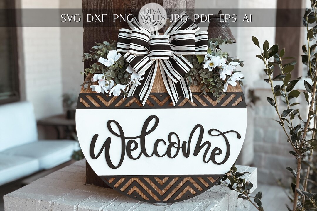 Welcome Door Hanger SVG, Geometric Laser Cut File, Round Door Sign ...