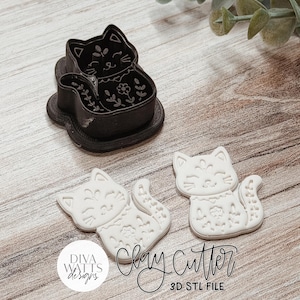 Clay Earring Cutter STL Floral Folk Art Cat Sharp Edge Polymer Clay Cutter for Boutique Handmade Statement Earrings Cute Animal Jewelry
