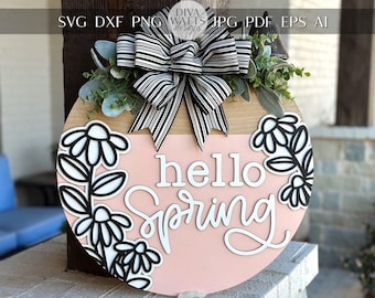 Hello Spring Door Hanger SVG, Layered Floral Sign Laser Cut File, Round Wooden Sign SVG, Spring Porch Decor, Glowforge Xtool File