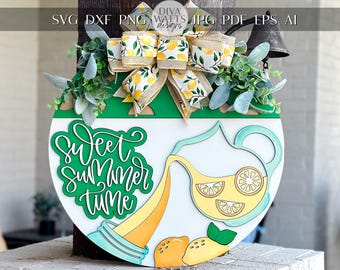 Sweet Summertime SVG Laser File | Lemonade Pitcher Round Door Hanger SVG for Summer Decor | Layered Laser Cut File for Xtool & Glowforge