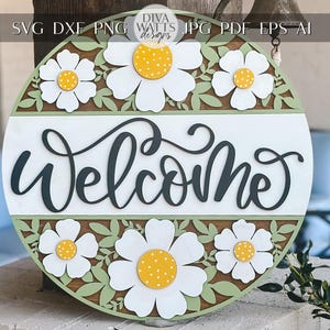 Panneau de bienvenue SVG fichier découpé au laser - accroche-porte rond floral marguerite - compatible Glowforge, Xtool, Cricut - décoration d'intérieur bricolage