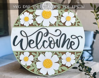 Welcome Sign SVG Laser Cut File - Daisy Floral Round Door Hanger Design - Glowforge, Xtool, Cricut Compatible - DIY Home Decor