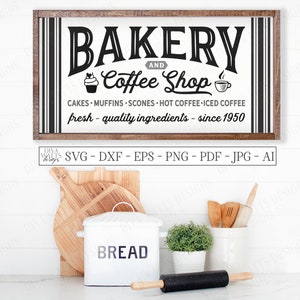 SVG | Bakkerij en coffeeshop | Snijbestand | Bord boerderij keuken | Rustieke graanzak | Taarten Muffins Scones | Vinylsjabloon HTV | dxf-ai