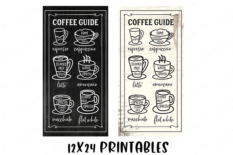 May include: Black and white printable coffee guide with illustrations of different coffee drinks, including espresso, cappuccino, latte, americano, macchiato, and flat white. The guide is labeled "Coffee Guide" and "12x24 Printables".