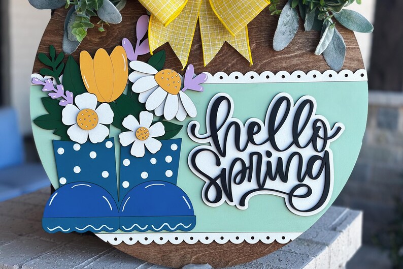 Hello Spring Door Hanger SVG | 3D Rain Boots Sign | Layered Laser Cut ...