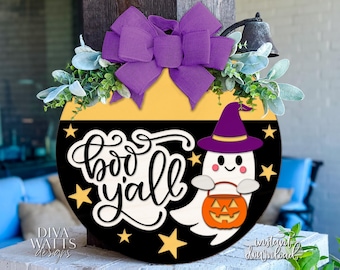 Laser Cut Door Hanger SVG | Boo Y’all Halloween Ghost Sign SVG | DIY Round Wood Sign File | Glowforge xTool Digital Cut Template