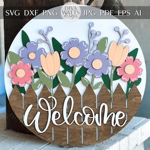 Welcome Door Hanger SVG, recinzione con file di taglio laser di fiori, design del cartello rotondo, Glowforge SVG, Xtool, decorazioni primaverili da fattoria