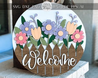 Welcome Door Hanger SVG, Fence with Flowers Laser Cut File, Round Sign Design, Glowforge SVG, Xtool, Farmhouse Spring Decor