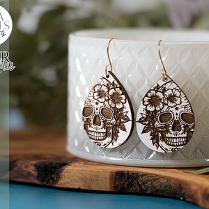 Sugar Skull And Flowers Earrings SVG | Tear Drop Laser Earrings | Dangle Earrings