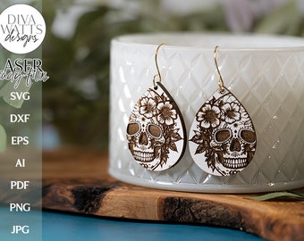 Sugar Skull And Flowers Earrings SVG | Tear Drop Laser Earrings | Dangle Earrings