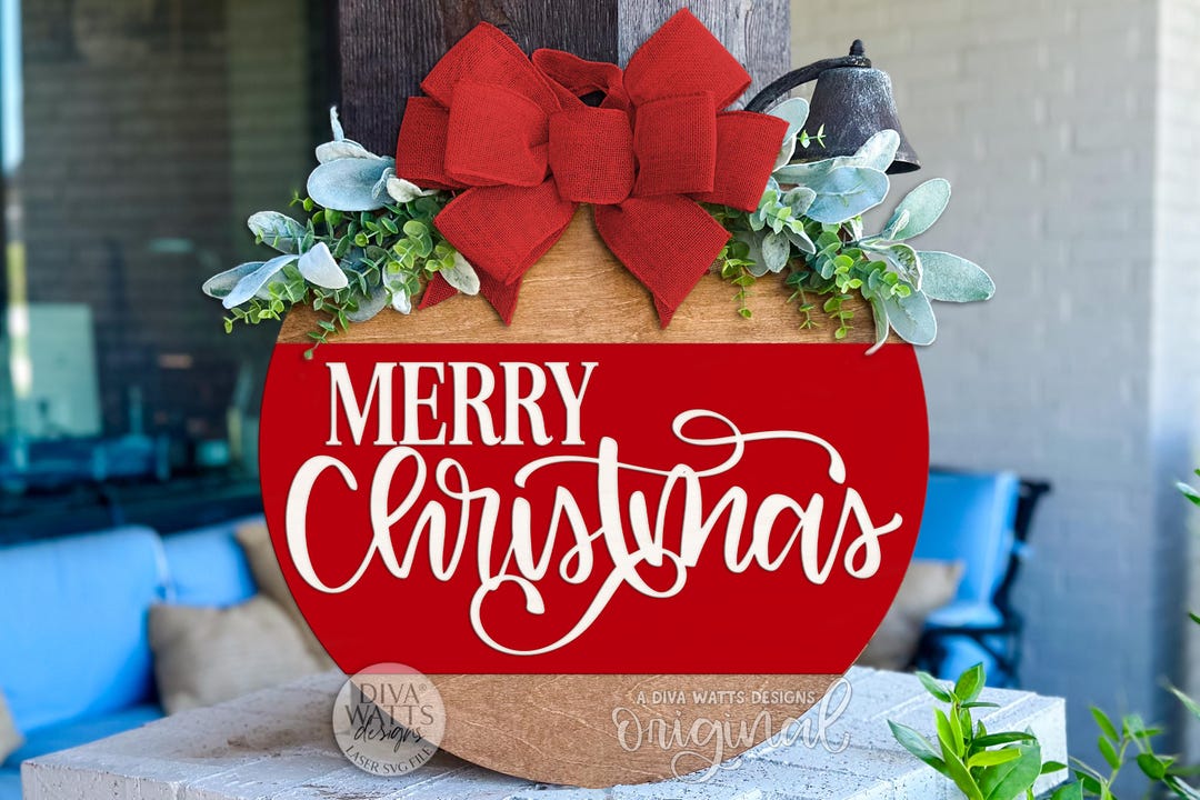 Merry Christmas Round Door Hanger SVG | Layered Laser Cut File for ...