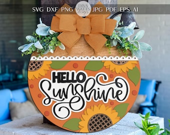 Laser Cut Door Hanger SVG | Hello Sunshine SVG File | DIY Round Wood Sign Template | Sunflower Sign Glowforge xTool Compatible