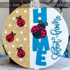 Gancio per porta coccinella in formato SVG / Cartello rotondo "HOME Sweet Home" in formato SVG / Modello fai da te in legno tagliato al laser / Decorazioni primaverili compatibili con Glowforge xTool