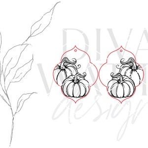 May include: A digital design file for laser cutting two pumpkin-shaped earrings. Each earring features a pair of pumpkins with a stem and leaves.