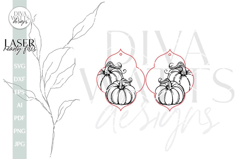 May include: A digital design file for laser cutting two pumpkin-shaped earrings. Each earring features a pair of pumpkins with a stem and leaves.