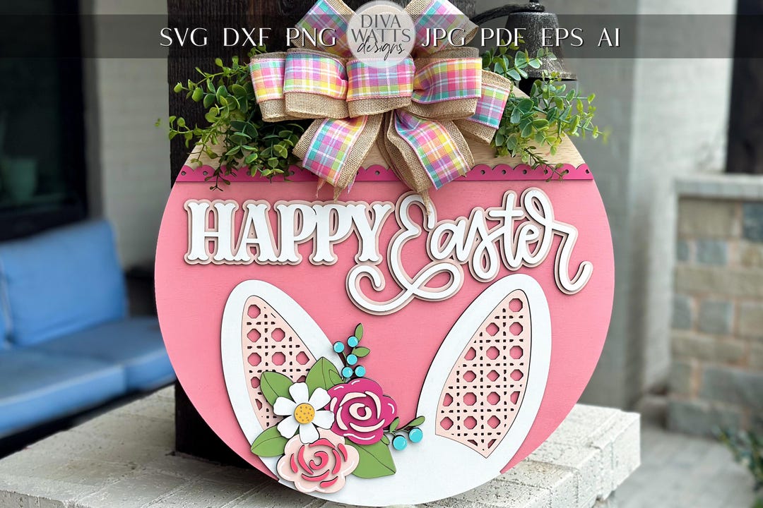Happy Easter Bunny Ears Door Hanger SVG, Layered Laser Cut File for ...