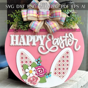 Frohe Ostern Hasenohren Türschild SVG, Laser Cut Datei für Glowforge Xtool, 3D Osterschild SVG, Floral Bunny Porch Porch Decor