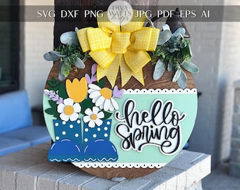 Hallo Frühling Türschild SVG | 3D Regen Stiefel Zeichen | Geschichtete Laser Cut Datei für Glowforge & Xtool | Bauernhaus Frühlings Dekor