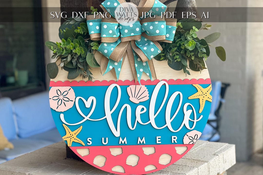 Hello Summer Door Hanger SVG File, Beach Theme Laser Cut Design ...