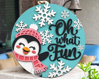 Round Door Hanger SVG Oh What Fun Penguin Winter Sign, Cute Snowflake Door Decor, Christmas Porch Sign For Laser Cutting And Entryway