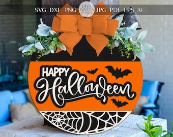 Happy Halloween Round Door Hanger SVG with Spider Web & Bats | Layered Laser Cut File for Glowforge xTool OMTech DIY Porch Sign