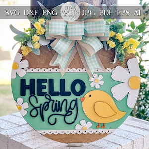 Accroche-porte printemps printemps, fichier découpé au laser poussin floral, signe rond, SVG Glowforge, Xtool, décoration printanière de ferme