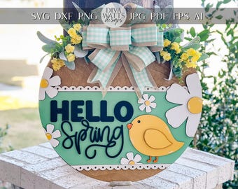Hello Spring Door Hanger SVG, Floral Chick Laser Cut File, Round Sign Design, Glowforge SVG, Xtool, Farmhouse Spring Decor