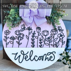 Welcome Door Hanger SVG, Floral Laser Cut File, Round Sign Design, Glowforge SVG, Xtool, Farmhouse Welcome Decor, Floral Door Hanger, Daisy