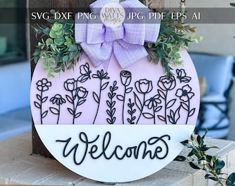 Welcome Door Hanger SVG, Floral Laser Cut File, Round Sign Design, Glowforge SVG, Xtool, Farmhouse Welcome Decor, Floral Door Hanger, Daisy