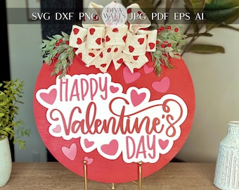 Happy Valentine’s Day Door Hanger SVG | Laser Cut File with Heart Cutouts | DIY Round Wood Sign Template | Glowforge svg | Round Sign svg