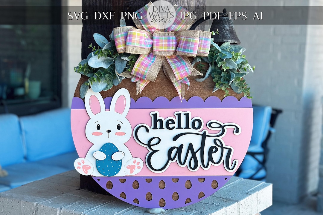 Hello Easter Door Hanger SVG | 3D Bunny Sign | Layered Laser Cut File ...