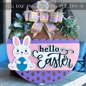 Bonjour Pâques accroche-porte SVG | Lapin 3D | Fichier de découpe laser en couches pour Glowforge et Xtool | Décoration printanière de la ferme | Accroche-porte à ressort