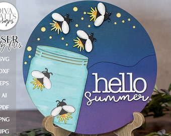 Hello Summer Fireflies Glowforge SVG | Laser Door Hanger Fireflies Design