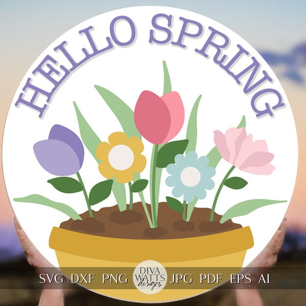 Hello Spring SVG Spring Door Hanger SVG Spring Sign svg Spring svg Spring Flowers svg Spring Floral svg Cricut Welcome svg Flower Pot svg