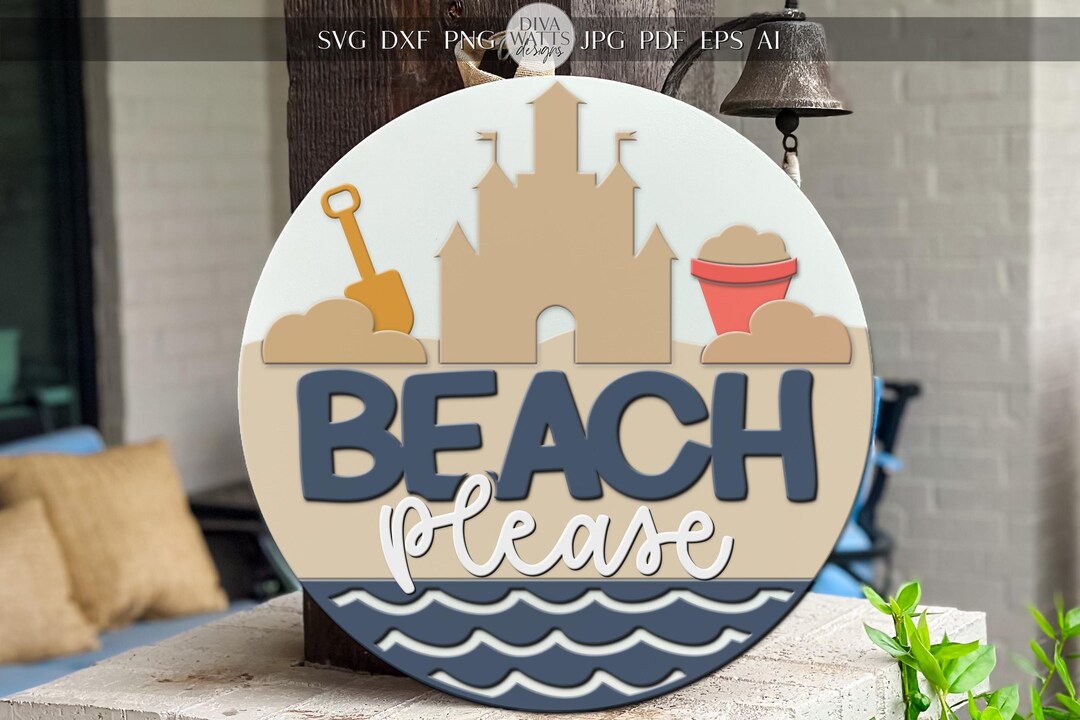 Beach Please Door Hanger SVG | Summer Round Sign SVG File | DIY Laser ...