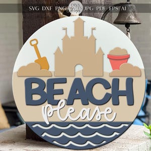 Colgador de puerta "Playa, por favor" SVG / Letrero redondo de verano SVG Archivo / Decoración de playa cortada a láser DIY / Plantilla de archivo de corte digital Glowforge xTool