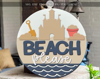 Beach Please Door Hanger SVG | Summer Round Sign SVG File | DIY Laser Cut Beach Decor | Glowforge xTool Digital Cut File Template