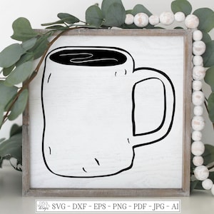 May include: A black and white line drawing of a coffee mug on a white wooden background.