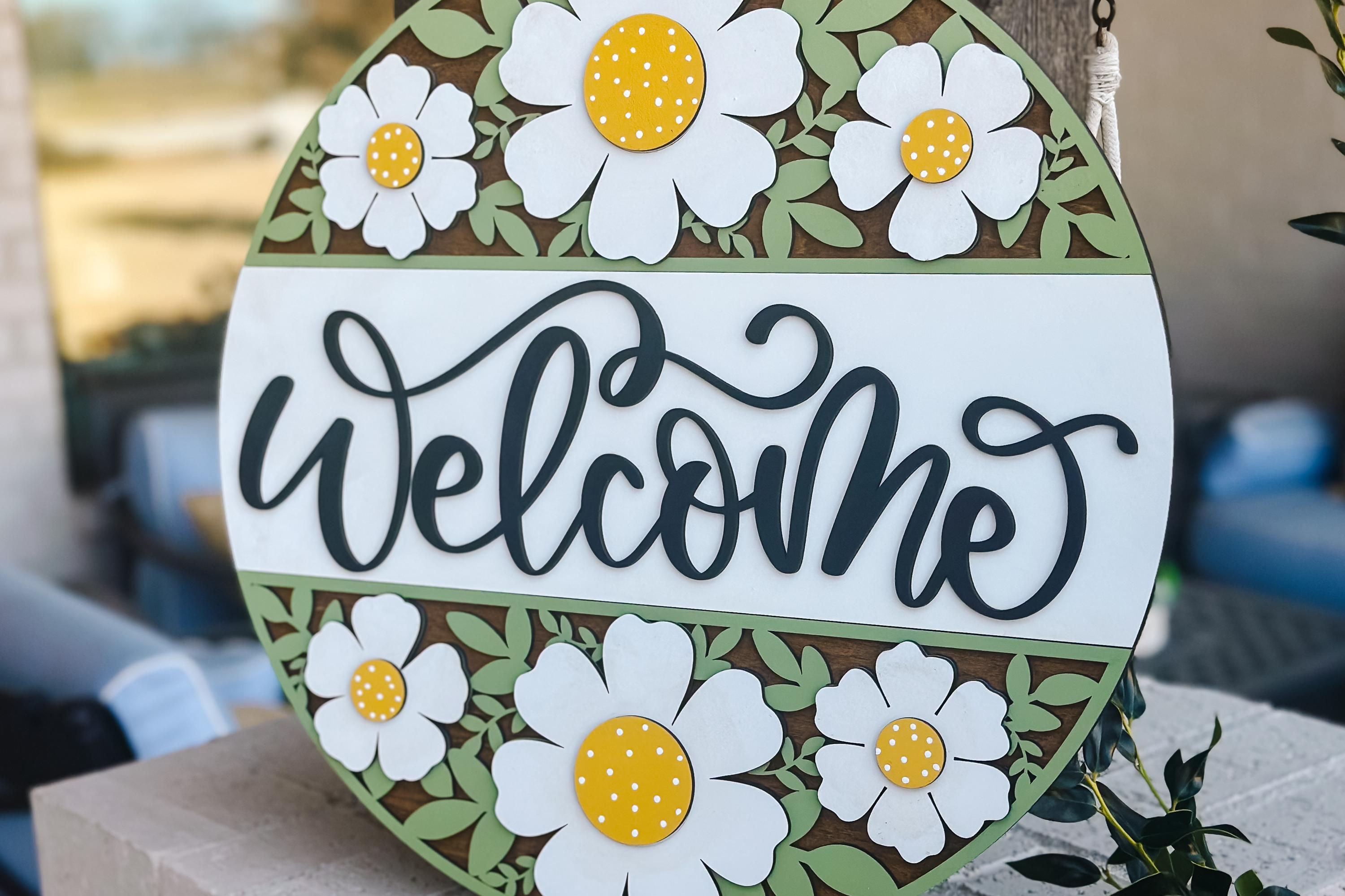 Welcome Sign SVG Laser Cut File - Daisy Floral Round Door Hanger Design ...