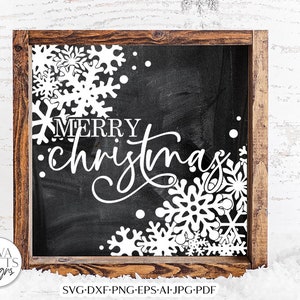 Merry Christmas With Snowflakes SVG | Farmhouse Square Design