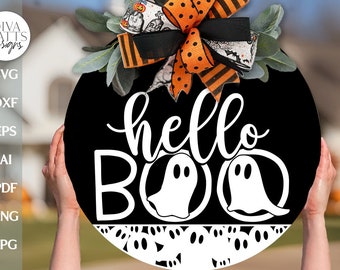 Hello Boo SVG Halloween Door Hanger Ghost SVG Halloween Door Hanger Ghost Round Sign SVG Cute Ghost svg Welcome Halloween svg Ghost svg