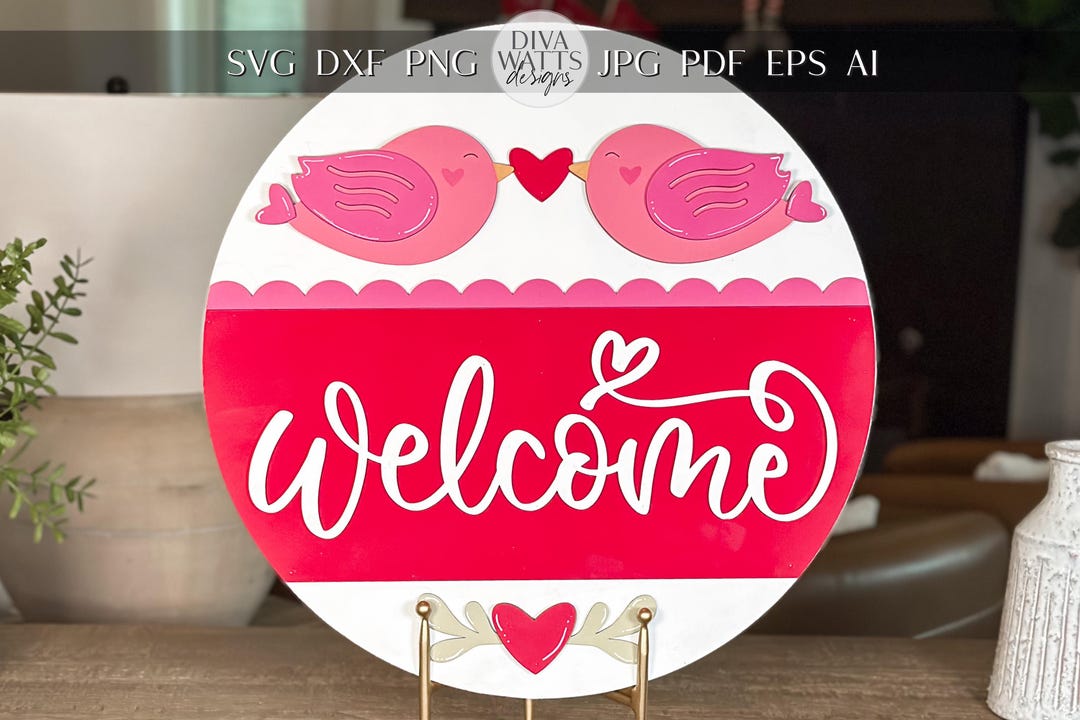 Welcome Round Door Hanger SVG, Lovebirds Laser File, Valentine's